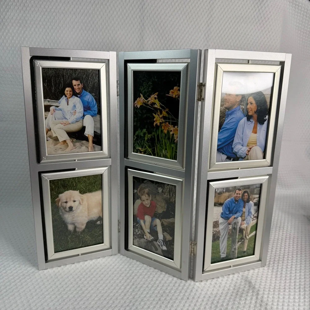 VTG Silver Folding Tabletop Screen Holds 12 3.5x5 Photos Rotating Pictures NEW